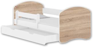 Jugendbett Kinderbett mit einer Schublade mit Rausfallschutz und Matratze Weiß ACMA II 140 160 180 (140x70 cm + Schublade, Weiß - Eiche Sonoma)