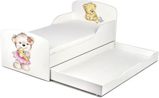 Wei▀ Einzelbett aus Holz - UV-Druck: Meine Bõren - Kinderbett mit Schubladen und Matratze + Lattenrost (140/70 cm)