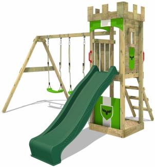 FATMOOSE Spielturm Klettergerüst TreasureTower mit Schaukel und grüner Rutsche, Kletterturm mit Sandkasten, Leiter und Spiel-Zubehör