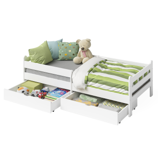 Bellabino 'Kuru' Kinderbett mit 2 Schubladen inkl. Rausfallschutz und Lattenrost, weiß lackiert, 90x200 cm