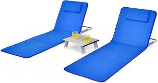 COSTWAY 2xStrandmatte mit Beistelltisch, Strandliege Matte 5 Stufen verstellbare Rückenlehne, Sonnenliege faltbar Liegestuhlset Gartenliege Liege (Blau)
