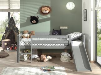 Vipack Kojen-Spielbett mit Liegefläche 90 x 200 cm, inkl. Leiter, Rutsche und Rolllattenrost, Kiefer massiv grau lackiert