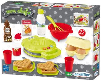 Ecoiffier – Waffeleisen für Kinder – 22-teiliges Backset mit Spiellebensmitteln, ideales Zubehör für Spielküchen, Spielwaffeleisen, für Kinder ab 18 Monaten