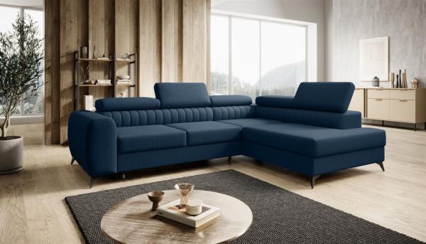 Ecksofa Schlafsofa Sofa FARGO in Stoff Vogue Dunkelblau Ottomane Rechts