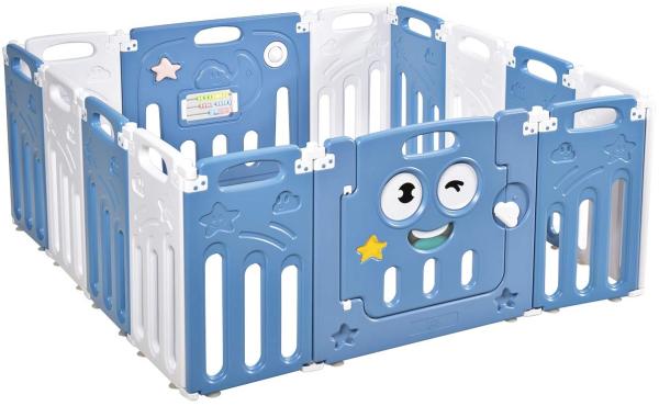 COSTWAY Baby Laufgitter 14 Paneele mit Tür und Spielzeugboard, Laufstall aus Kunststoff, Absperrgitter, Krabbelgitter, Schutzgitter für Kinder im Alter von 3 Monaten bis 6 Jahren (Blau)