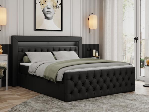 Boxspringbett, Stauraumbett mit Bettkasten, LED - GOLD-9 - 120x200cm - Schwarz Kunstleder - H3