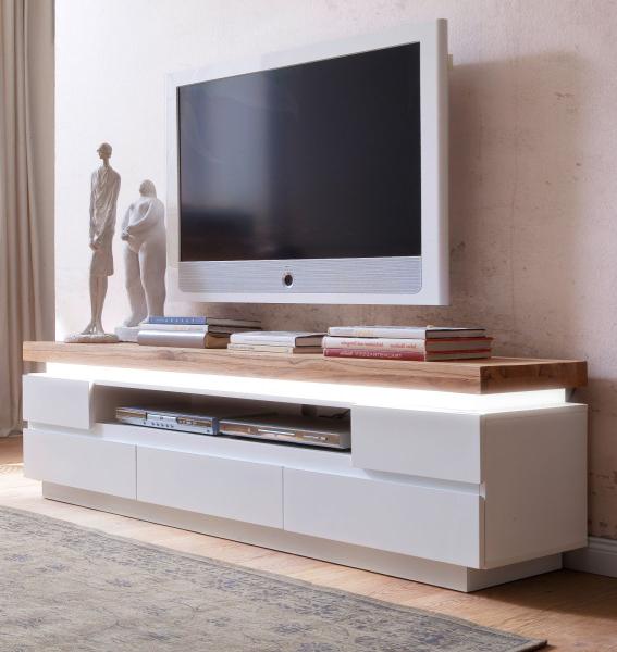 TV-Lowboard matt weiß und Eiche massiv 175 cm