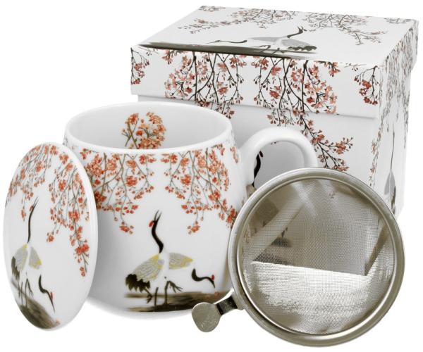 DUO ART GALLERY Fassbecher 430 ml SAKURA & CRANES mit Teesieb, New Bone China Porzellan