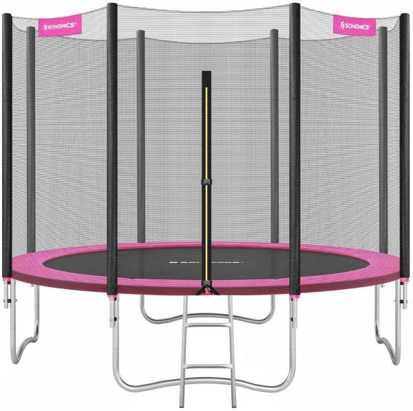 SONGMICS Trampolin mit Sicherheitsnetz, Leiter und gepolsterten Stangen, schwarz-pink, Ø 305 cm