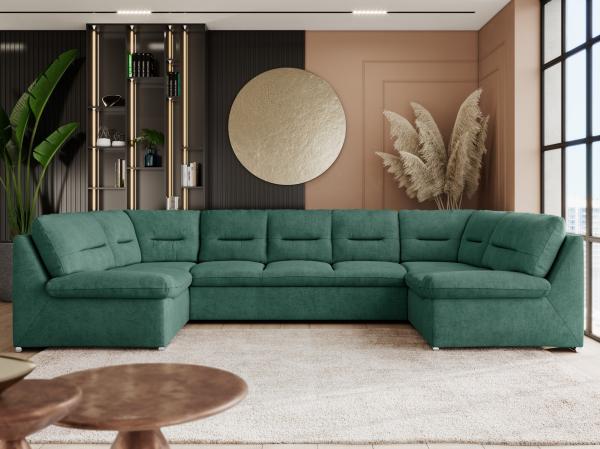 Ecksofa, Sofa big XXL, Wellenfedern, Wohnlandschaft XXL, mit Schlaffunktion - COMODO U - Grün Stoff - Topper T25