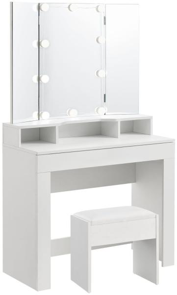 Juskys Schminktisch Marla – Kosmetiktisch 90 x 42 x 157 cm in Weiß – Frisiertisch mit Spiegel 3-teilig, Schublade, Ablagen, LED-Beleuchtung & Hocker