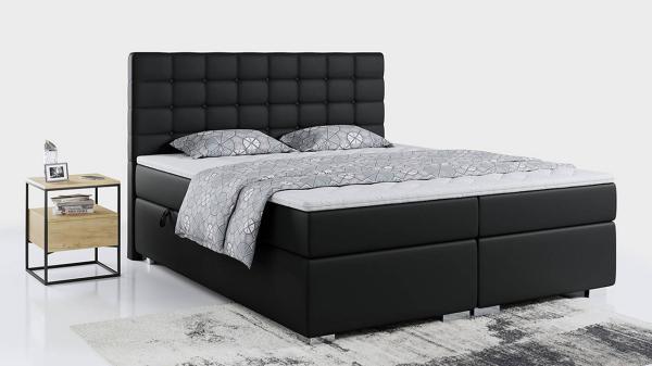 Boxspringbett, Deko Bed mit Matratze und Topper - CASSI - 120x200cm - Schwarz Kunstleder - H4