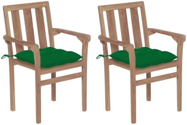 vidaXL Gartenstühle 2 Stk. mit Grünen Kissen Massivholz Teak