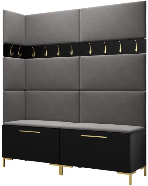 Garderoben-Set Zinetto V mit 8 Stück Gepolstertes Wandpaneel Pag 84x42 und 3 Stück 42x42 (Schwarz + Gold, Manila 16)