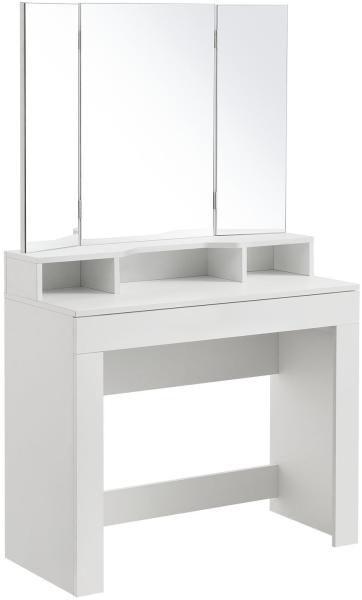 Juskys Schminktisch Marla – Frisiertisch 90 x 42 x 157 cm mit Spiegel 3-teilig & klappbar, Schublade & 3 Ablagefächer – Kosmetiktisch Holz in Weiß