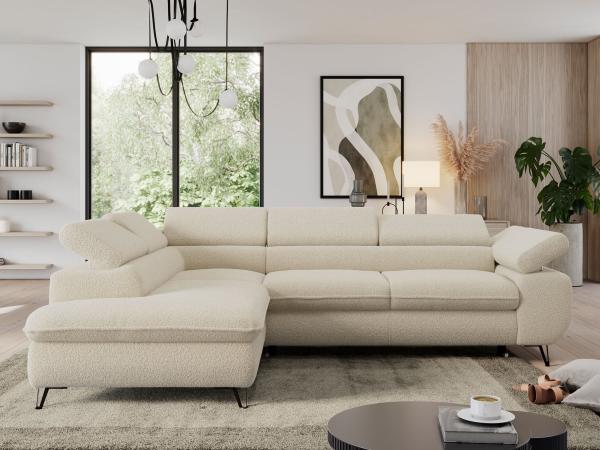 Ecksofa, L-form mit Schlaffunktion, verstellbaren Kopfstützen, Bettkasten - PEDRO - Beige Boucle - Topper T25 - links