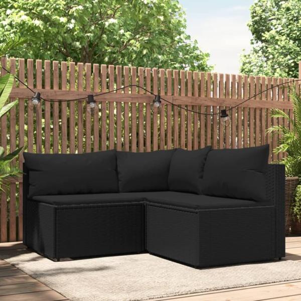 vidaXL 3-tlg. Garten-Lounge-Set mit Kissen Schwarz Poly Rattan