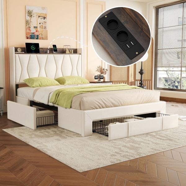 Merax 140 x 200cm Doppelbett, Polsterbett, Nachttisch USB, großer Stauraum, drei Schubladen, Beige