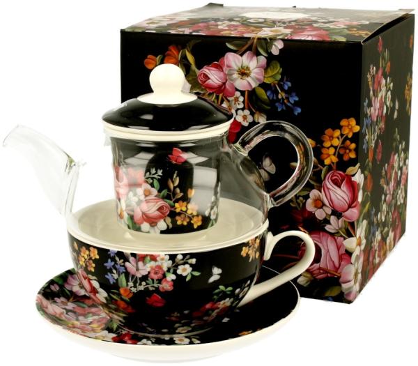 DUO FLORAL Tasse mit Teekanne VINTAGE FLOWERS BLACK Glas - New Bone China Porzellan