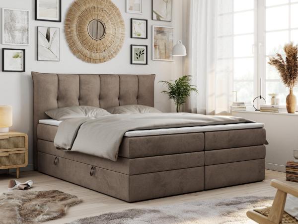 Boxspringbett 7-Zonen Taschenfederkernmatratze und Topper - PREMIUM-10-KING - 180x200cm - Braun Velours - H4