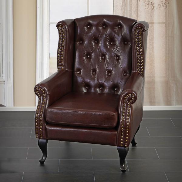 Sessel Relaxsessel Clubsessel Ohrensessel Chesterfield, Kunstleder ~ antik-braun ohne Ottomane