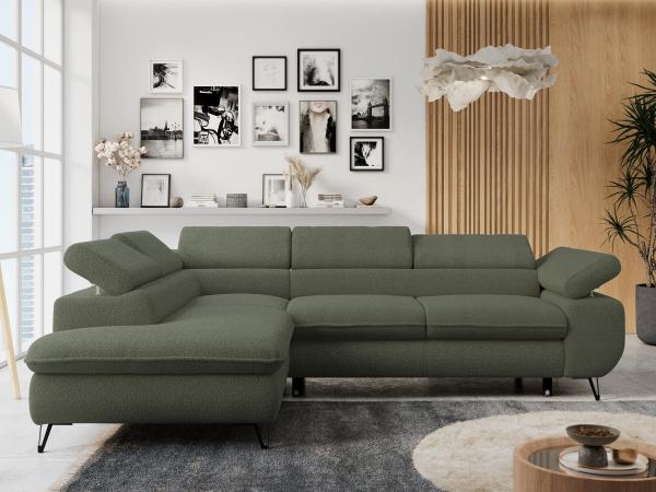 Ecksofa mit Bettfunktion, Modern Sofa, L-form, Einstellbare Kopfstützen, Bettkasten - PETER - Grün Boucle - links