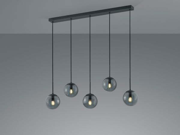 LED Balkenpendelleuchte 5-flammig mit Rauchglas Kugeln, B: 100cm