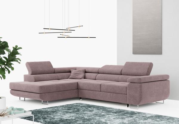 Ecksofa L-Form Couch mit Schlaffunktion und Verstellbare Kopfstützen - GUSTAW - Rose Stoff - Links