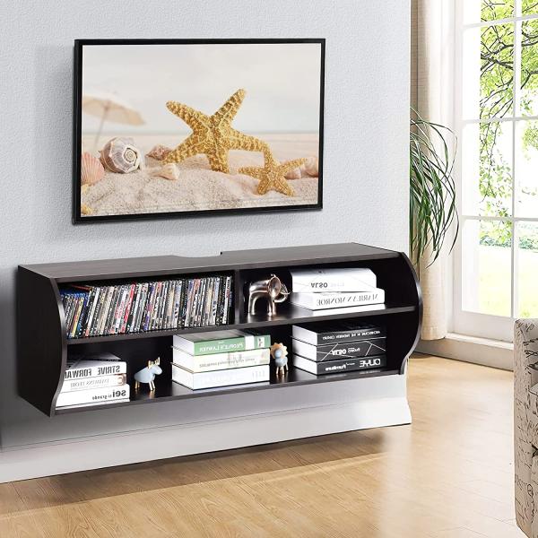 COSTWAY TV Schrank hängend und freistehend, Fernsehschrank Holz modern, mit 3 offenen Fächern, Kommode für 32’’-55’’ Fernseher, geeignet für Wohnzimmer und Schlafzimmer (Braun)