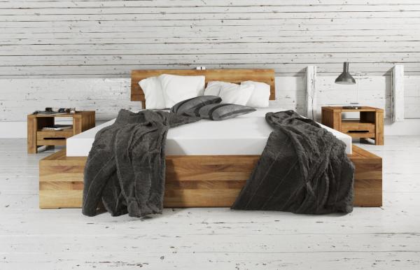 Bett Lubic 2 aus Wildeiche massiv 120x200 mit Holzkopfteil und Holzfußgestell