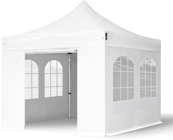 3x3 m Faltpavillon PROFESSIONAL Alu 40mm, Seitenteile mit Sprossenfenstern, weiß
