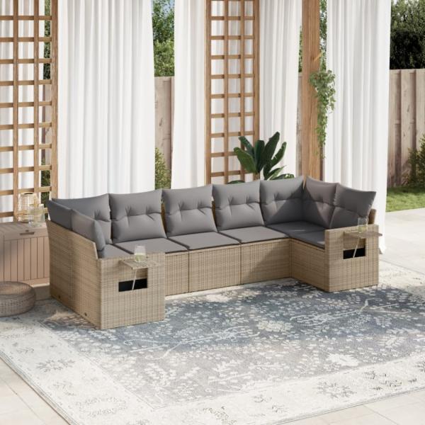 vidaXL 7-tlg. Garten-Sofagarnitur mit Kissen Beige Poly Rattan