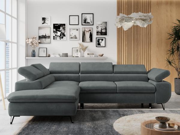 Ecksofa mit Bettfunktion, Modern Sofa, L-form, Einstellbare Kopfstützen, Bettkasten - PETER - Dunkelgrau Mikrofaser - Topper T25 - links