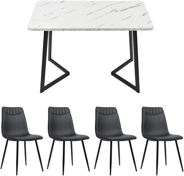 Merax Essgruppe 117×68cm Esstisch mit 4 Stühlen, (Set, 5-tlg), weißer MDF-Tischplatte mit Marmoroptik, PU, Schwarz