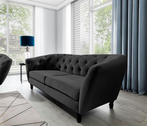 Sofa Designersofa CHARLOTTE 3-Sitzer in Stoff Matt Velvet Schwarz