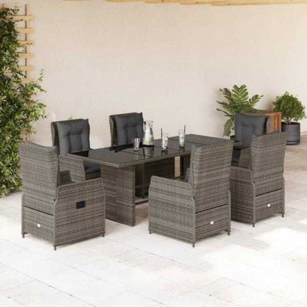 vidaXL 7-tlg. Garten-Essgruppe mit Kissen Grau Poly Rattan