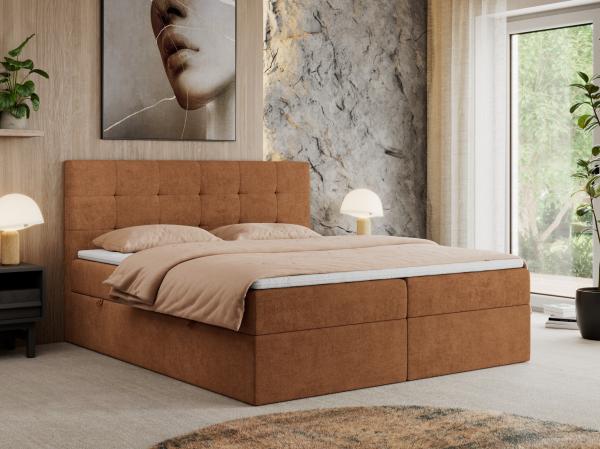 Boxspringbett, Doppelbett Matratze und Topper, Polsterbett - CENTOS - 120x200cm - Orange Velours - H3