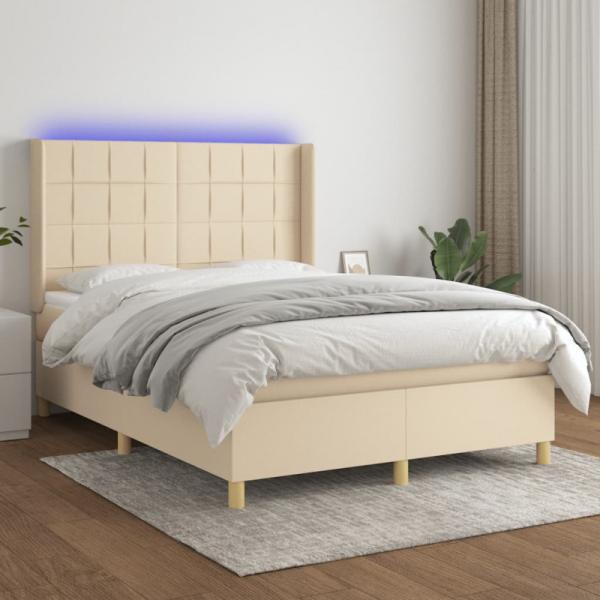 vidaXL Boxspringbett mit Matratze & LED Creme 140x190 cm Stoff