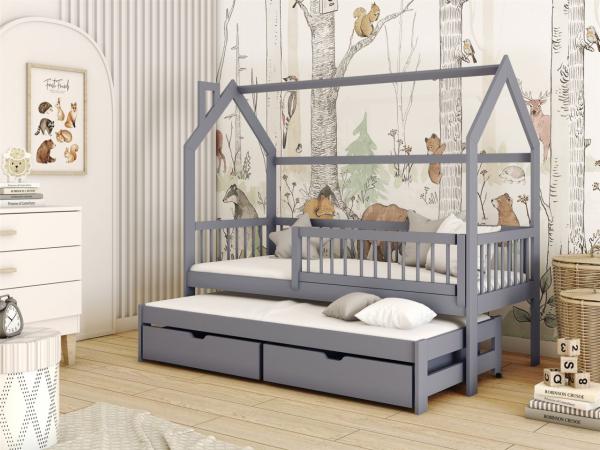 Hausbett Kinderbett PERLE 200x90cm Kiefer Massiv Grau inkl. Zusatzbett