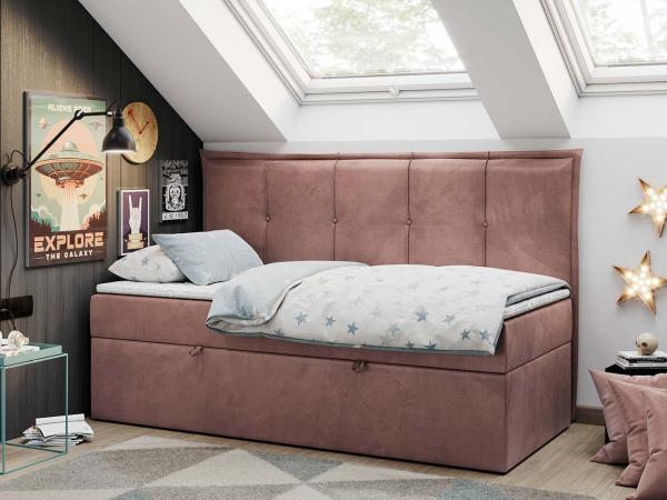 Kinderbett BANCO, Boxspringbetten für Kinderzimmer, Jugendbett, Einzelbett mit Matratze - Dunkelrosa Velvet - Topper Visco