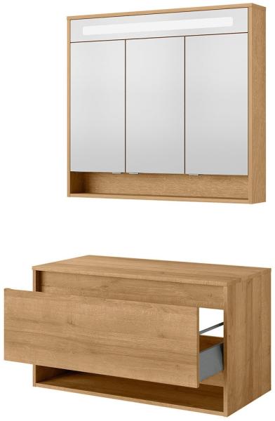 Fackelmann NATURA Badmöbelset 2-teilig, LED Spiegelschrank, 94 cm breit, Braun hell