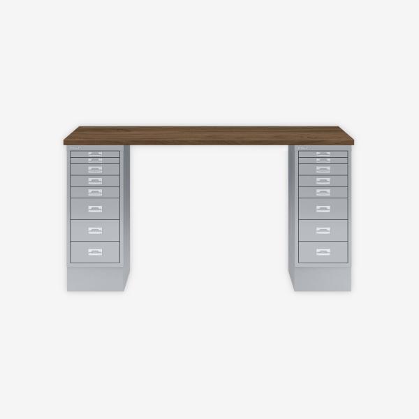 MultiDesk, 2 MultiDrawer mit 8 Schüben, Dekor Nussbaum, Farbe Silber, Maße: H 740 x B 1400 x T 600 mm