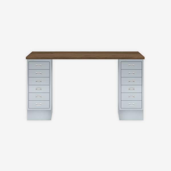 MultiDesk, 2 MultiDrawer mit 6 Schüben, Dekor Nussbaum, Farbe Lichtgrau, Maße: H 740 x B 1400 x T 600 mm