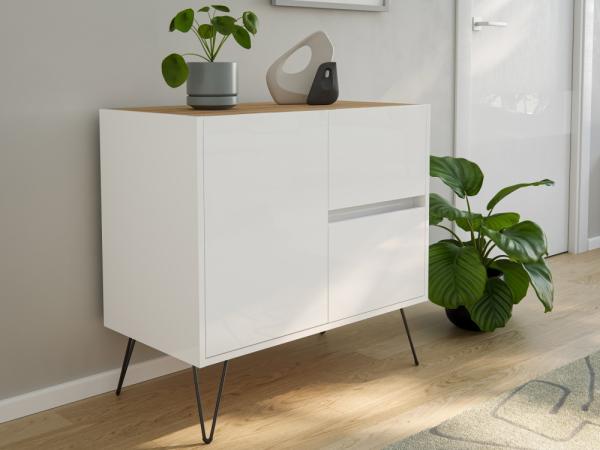 Raumwunder S Sideboard Kommode Greifraum 80cm 2 SoftClose 1 Tür Weiß/Eiche Top : Weiss hochglanz / Oak Gold Bild 1