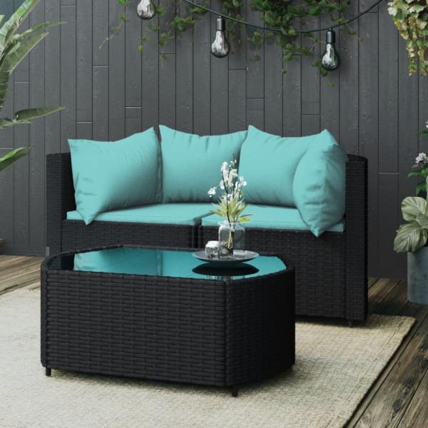 vidaXL 3-tlg. Garten-Lounge-Set mit Kissen Schwarz Poly Rattan