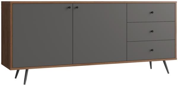 Sideboard 176 x 39,6 cm MDF Grau Walnuss 2-türig 3 Schubladen und Metallfüßen