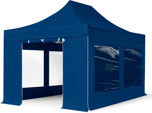 3x4,5 m Faltpavillon, PREMIUM Stahl 40mm, Seitenteile mit Panoramafenstern, blau