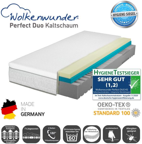 Wolkenwunder Perfect DUO KS Kaltschaummatratze inkl. integriertem Topper H3 | H3 Partnermatratze, 180x200 cm