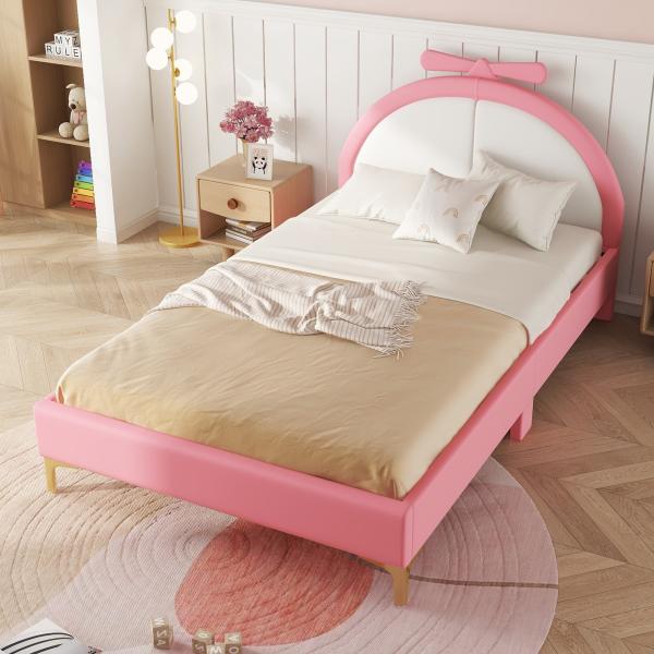 Merax 140*200cm Doppelbett, Polsterbett, komfortable Kopfteilpolsterung, rosa Look, stilvoll und einfach, Rosa