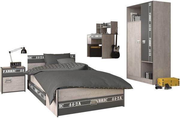 Jugendzimmer Fabric 12 Parisot 5-tlg grau mit Kleiderschrank Bett + Bettschubkasten + Nachttisch + Schreibtisch